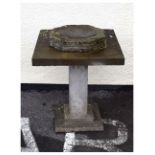 Garden sun dial on a composite plinth, 35.5cm high Condition: Sun dial is missing its hourly pointer