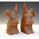 Pair of carved beech Scottie dog book ends, with glass eyes, tallest 22cm high Condition: Scratching