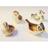 Four Royal Crown Derby paperweights comprising Owlet, Teal Ducking, Duckling and Crested Tit (with