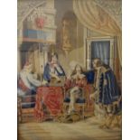 Berlin-style needlework tapestry of courtiers playing chess in a hall, 77cm x 59cm, within maple