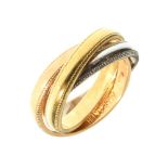 18ct gold 'Trinity' ring of three interlocking bands in white, rose and yellow gold, stamped '