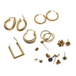 Selection of 9ct gold, yellow metal and unmarked earrings, studs etc, 7.1g gross approx Condition: