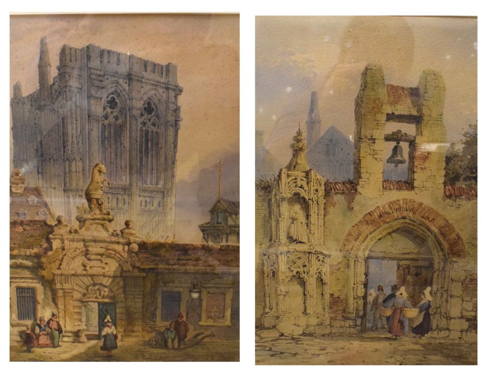 P. Jenkins - Pair of watercolours - Continental architectural scenes, 40cm x 28.5cm, signed,