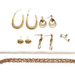 Assorted 9ct gold, yellow metal and unmarked jewellery to include rope twist necklace, fine chain,