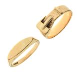 Gentleman's 9ct gold band ring, formed as a buckled belt with textured exterior, together with a