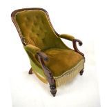 19th Century mahogany scroll arm upholstered armchair on turned front supports, 97cm x 67cm x 85cm