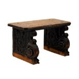 Carved oak wall bracket later adapted to a stool, 58cm x 33cm x 35cm approx Condition: Supports in