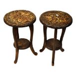 Pair of carved hardwood two tier occasional tables, 44cm high x 29cm diameter Condition: General