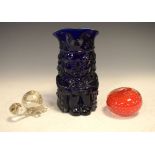 Whitefriars 'Bristol' blue glass toby character jug, together with two novelty paperweights