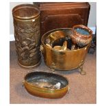 Assorted brassware to include; a stickstand, watering can, oval log bin, planters, copper