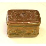 Continental embossed brass jewellery box having hinged cover the exterior with hunting dogs raised