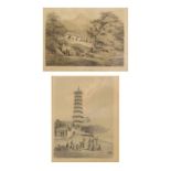 Framed engraving Whampoa Pagoda & Anchorage from nature by Heine figures by Brown, 22cm x 15cm,