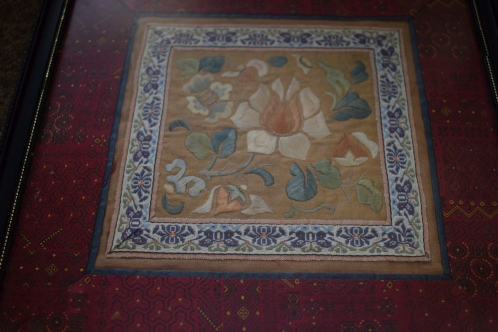 Three Chinese silk panels, largest 22.5cm x 21.5cm, framed and glazed Condition: Scratches present - Image 12 of 12