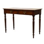 19th Century mahogany side table having two short drawers and standing on four turned legs, 107cm