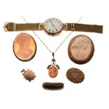 Small selection of jewellery to include lady's 9ct gold wristwatch head, white Roman dial with red