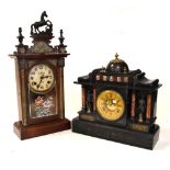 Late 19th Century French rouge marble and black slate temple mantel clock with brass Roman dial