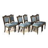 Set of six Victorian Aesthetic period ebonised and gilt decorated dining chairs, 90cm high approx