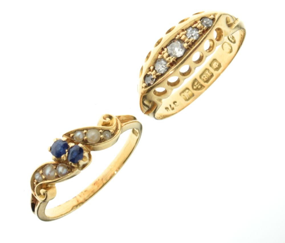 18ct gold five stone diamond ring, size K, together with a yellow metal, sapphire and seed pearl