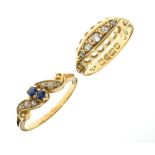 18ct gold five stone diamond ring, size K, together with a yellow metal, sapphire and seed pearl