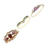 Two 9ct gold dress rings set red stones, sizes N and O, together with a yellow metal ring of
