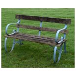 Teak and wrought metal garden bench having scroll ends, 132cm wide Condition: Wood has aged but