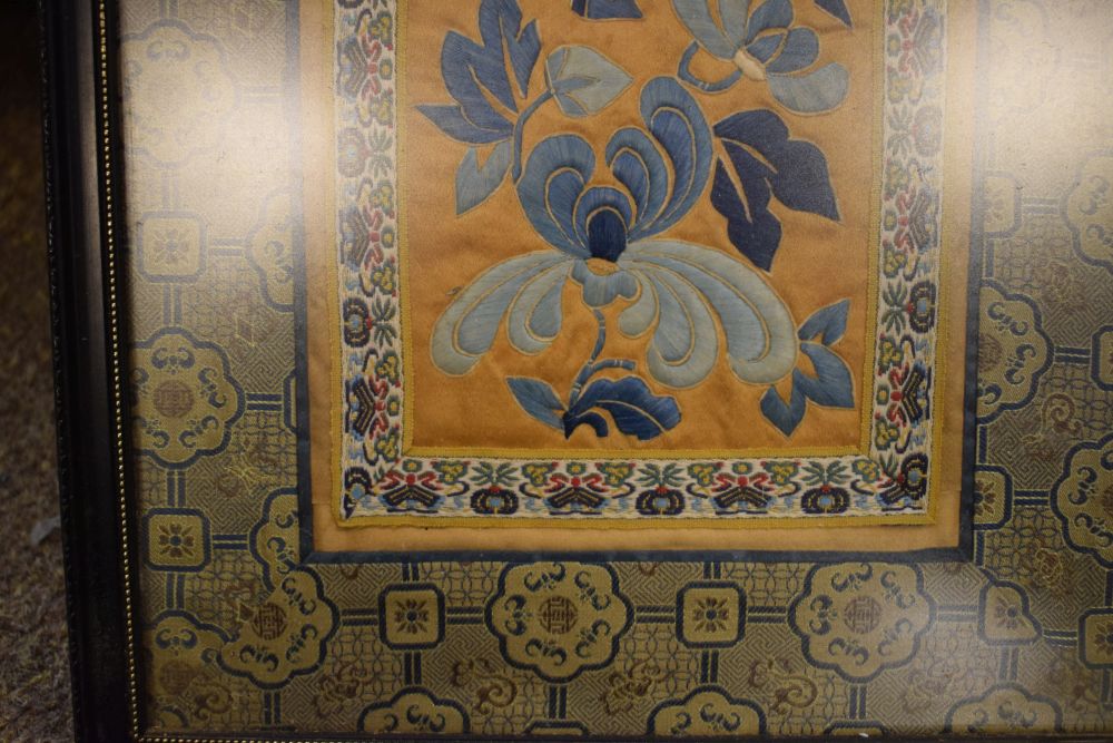 Three Chinese silk panels, largest 22.5cm x 21.5cm, framed and glazed Condition: Scratches present - Image 9 of 12