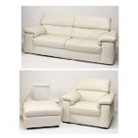 Good quality cream leather three seater settee with matching chair and storage ottoman, together