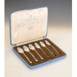 Cased set of George V silver jubilee coffee spoons bearing assay marks for London, Birmingham,