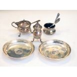 George V silver two piece condiment set, London 1920, together with George V silver salt with blue