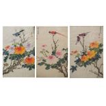 Two sets of three Oriental silk paintings, each with birds in foliage, together with three