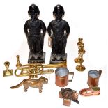 Quantity of various metal ware to include brass candlesticks, cast iron black-painted figures of