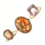 Three 9ct gold dress rings, to include one with moss agate oval matrix, size L, 11.5g gross