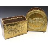 Two brass clad magazine racks, both with embossed rural scenes, together with two Rathbanna Irish