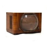 Vintage early 1950's Pye black and white television in maple case with Magnavisia magnifying lens