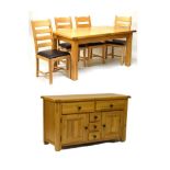 Modern light oak dining suite comprising draw-out extending dining table with one insertion