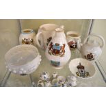 Quantity of Goss crested ware to include Bath, Ancient Arms of Bedford, Prince of Wales crest, flags