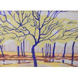 Louis Dezart - Watercolour - Forest of blue trunk trees, signed lower right, 35cm x 48.5cm, framed