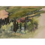 Watercolour of Volterra farmhouse in the spring, 24.5cm x 33.5cm Condition: Frame and glass would