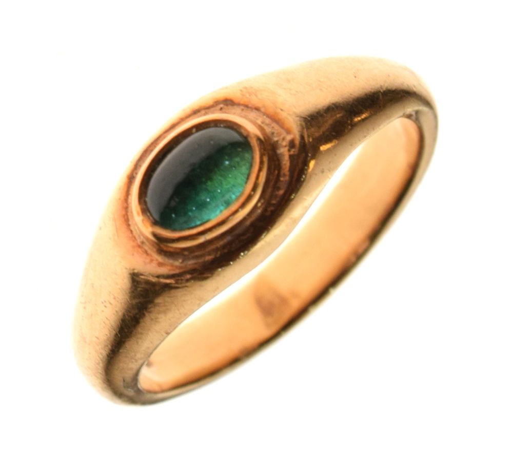 9ct gold dress ring set oval green cabochon, size Q, 6.3g gross approx Condition: Inclusions and