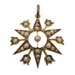 Yellow metal and seed pearl star pendant stamped 9ct, 26mm diameter, 2.4g gross approx