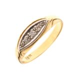Yellow metal dress ring set five small diamonds, shank stamped 18ct, size P, 3.7g gross approx