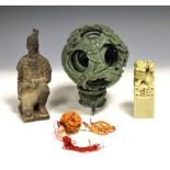 Group of Oriental items to include; stone puzzle ball, terracotta warrior figure etc Condition: Some