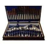 Part canteen of Old English style silver plated cutlery in fitted oak case, etc Condition: All