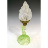 Early 20th Century green moulded glass figural table lamp, with frosted flame glass shade, 43cm high