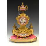 19th Century French porcelain mounted gilt metal mantel clock with Roman cellular dial, 36cm high
