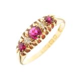 18ct gold, ruby and diamond five stone dress ring set three rubies and two diamonds, size P, 3.8g