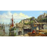 William H Stockman - Oil on canvas - Brixham Harbour, Devon, 51cm x 92cm, in a gilt frame Condition: