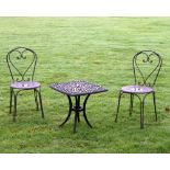 Pair of black painted aluminium garden chairs, 90cm high, together with a similar style occasional