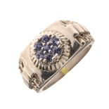 White metal dress ring set cluster of seven Tanzanite-coloured purple stones, shank stamped 925,