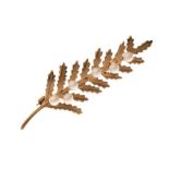 9ct gold and pearl-set leaf brooch of fern design, 4.8cm long, 4.8g gross approx Condition: **